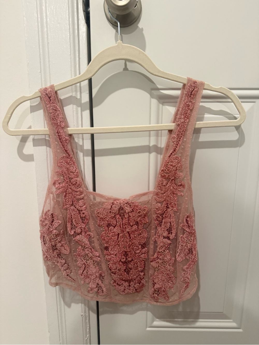 Free People Embroidered Dusty Rose Beaded Mesh Crop Top